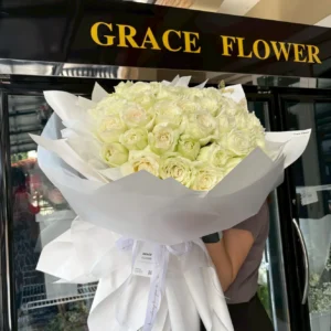 ช่อดอกไม้กุหลาบขาวสด White Elegance  60 ดอก - Image 2