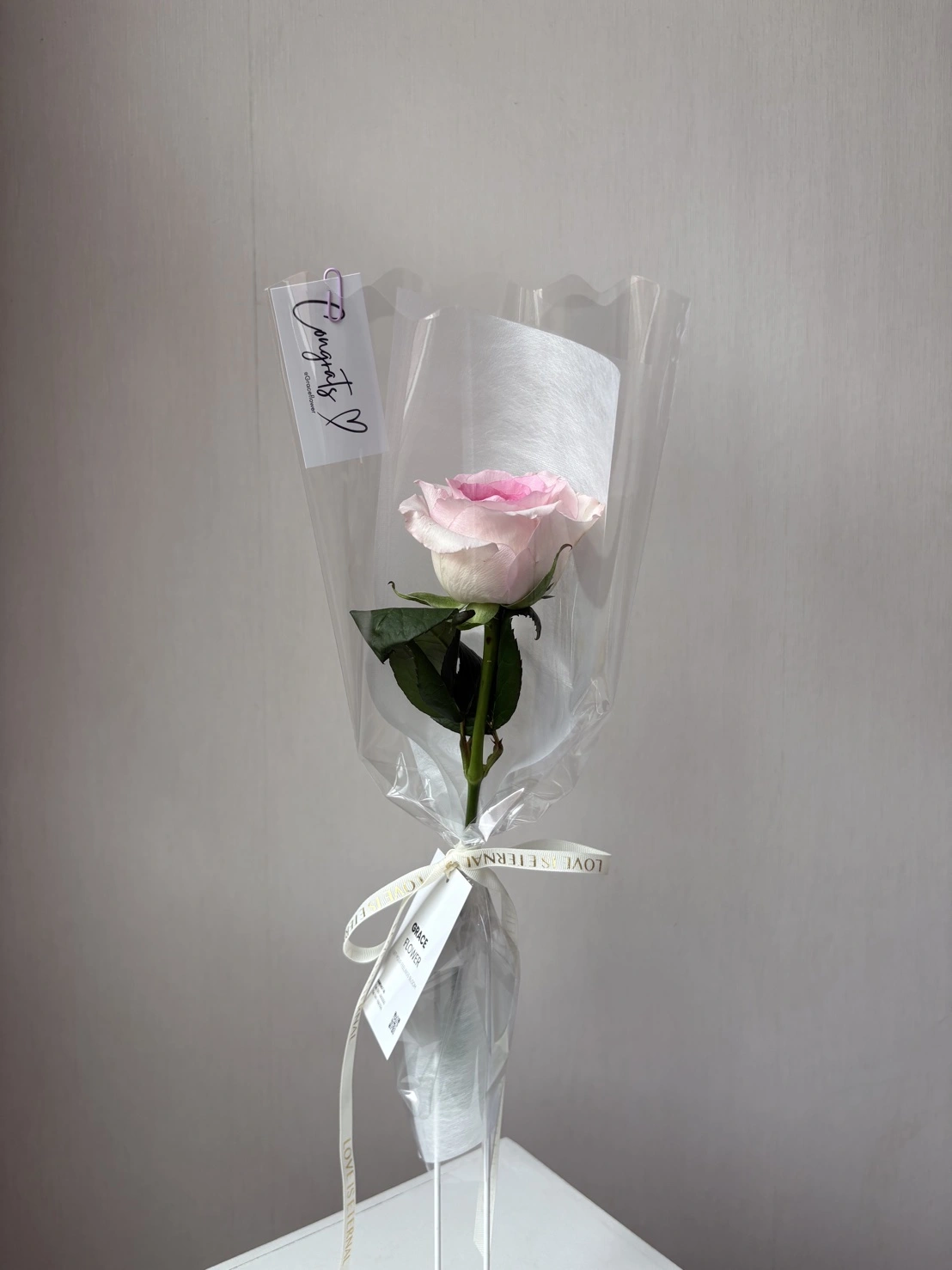 (Pink rose) กุหลาบชมพู 1 ดอก ห่อกรวยใส