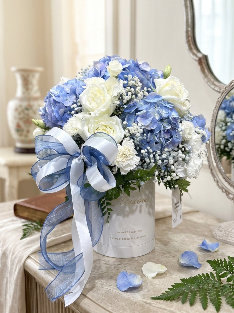 กล่องดอกไม้สด Blue Hydrangea & White Rose Classic